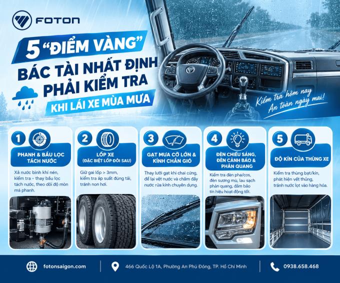 Bảo Dưỡng Xe Tải Foton Trước Mùa Mưa: 5 Hạng Mục Cần Kiểm Tra Ngay Tại Foton Sài Gòn